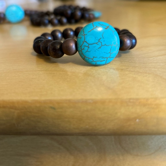 20 cm - Dark wooden beads with faux turquoise - 20 cm diameter bracelet - Picture 2 of 3